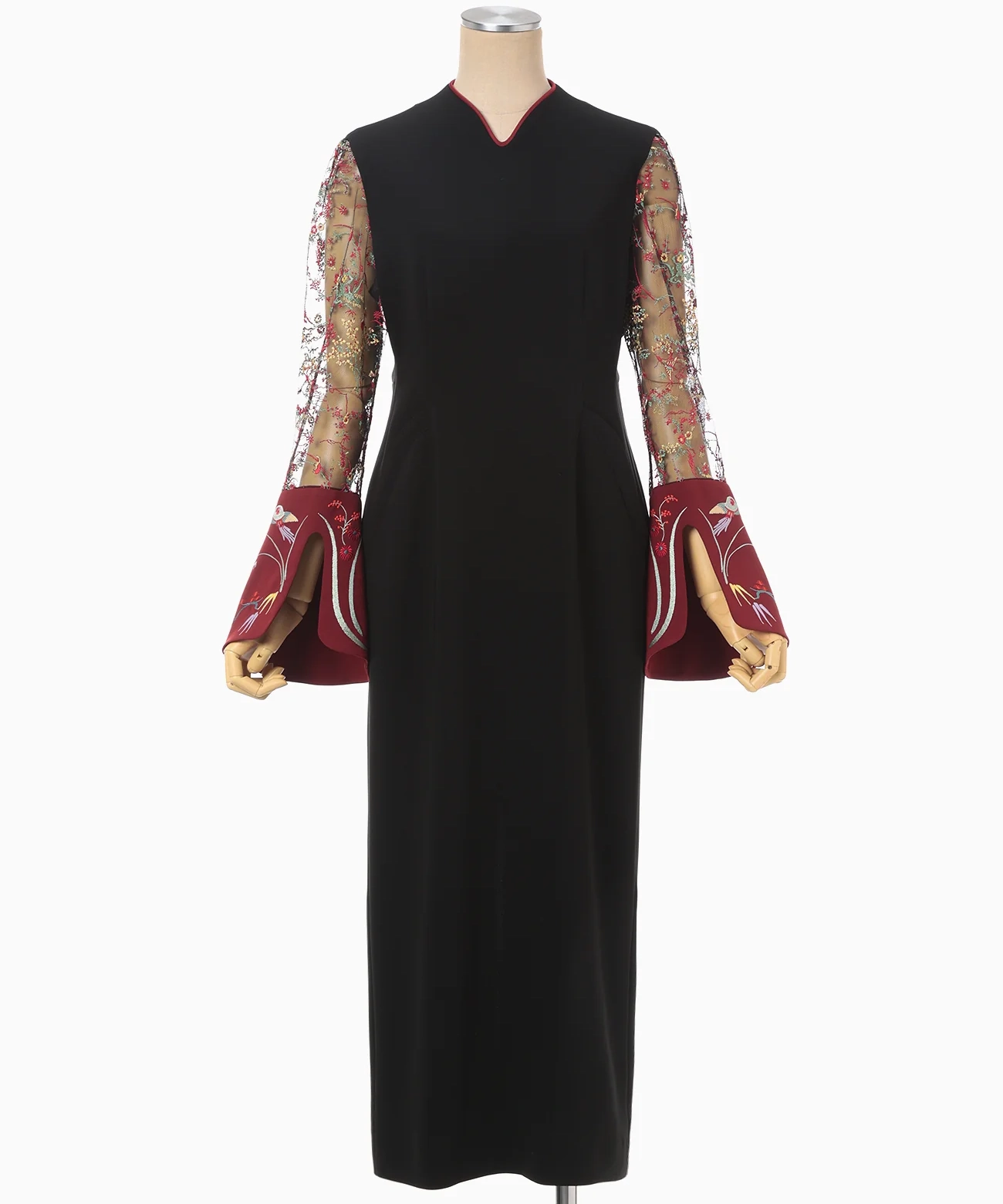 Acetate Polyester Floral Lace-Sleeve Dress - black(約12万円)