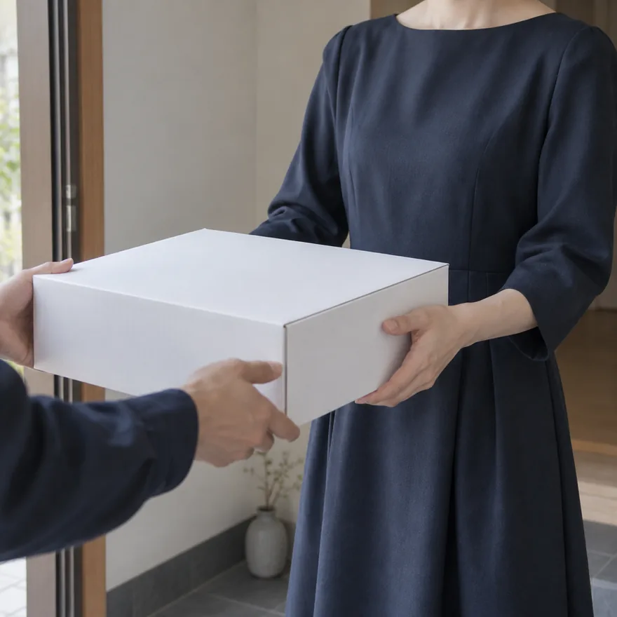 玄関でレンタルアイテムの箱を受け取る場面のイメージ