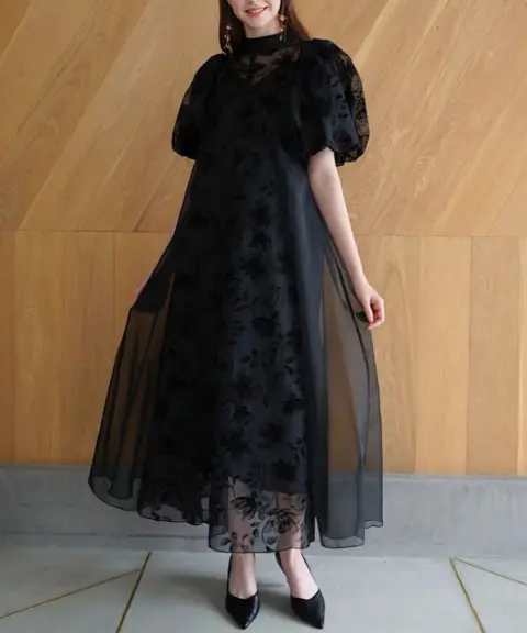 Acka.（エーシーケーエー） 【2サイズ】puffy sheer flower dress (black)