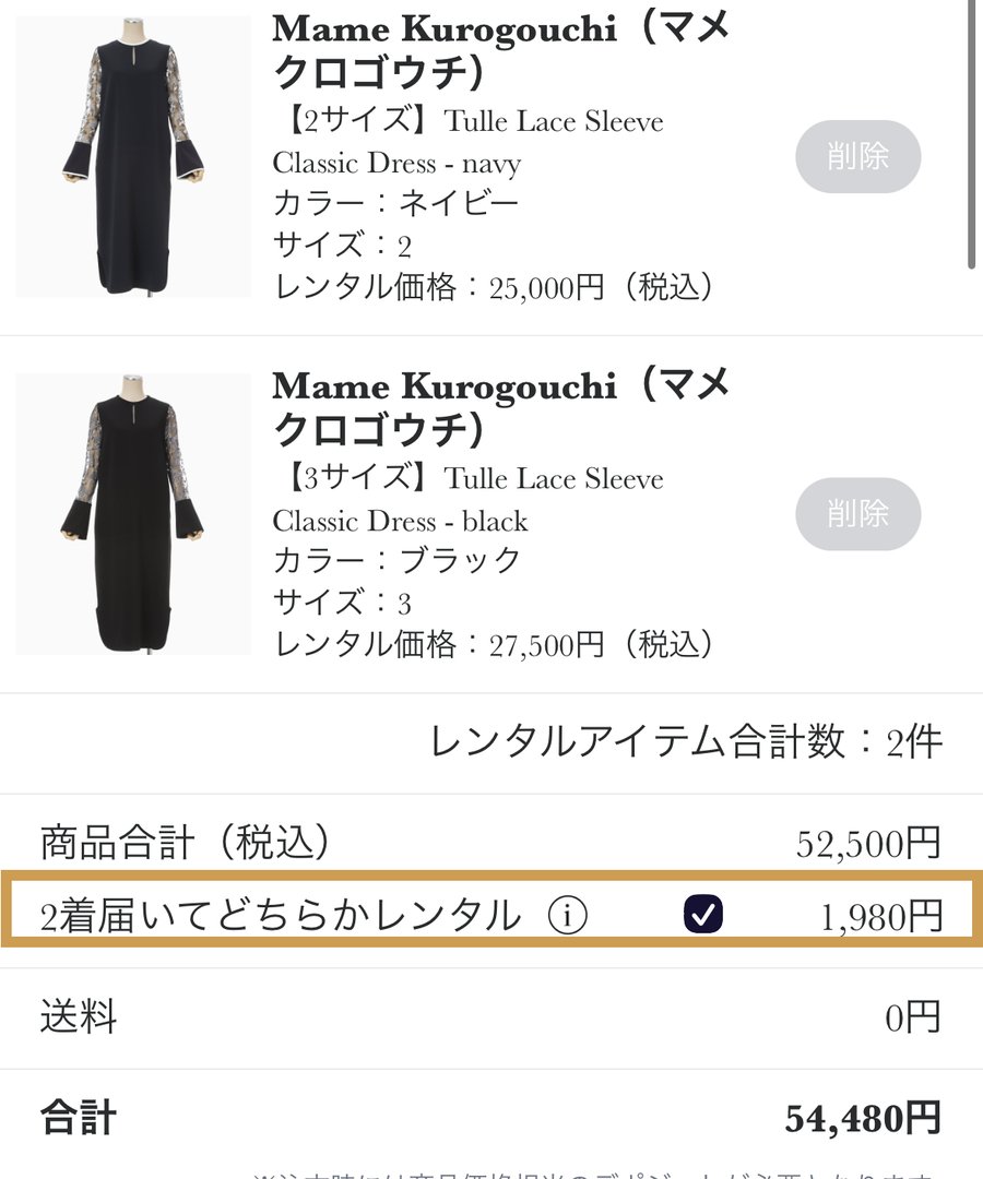 カートで「2着届いてどちらかレンタル」を選択した画面